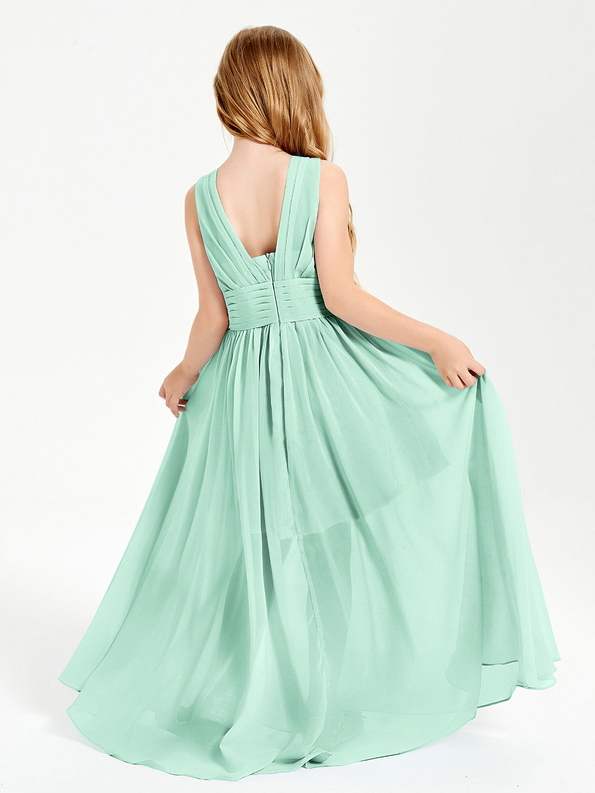 Long V-neck Junior Bridesmaid Dresses Mint Green